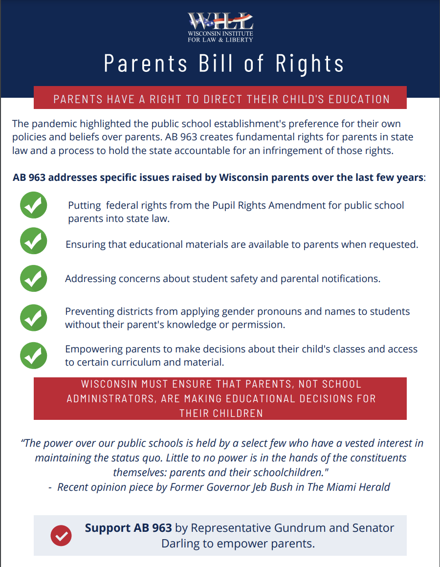 WILL Supports Parent Bill of Rights Wisconsin Institute for Law & Liberty